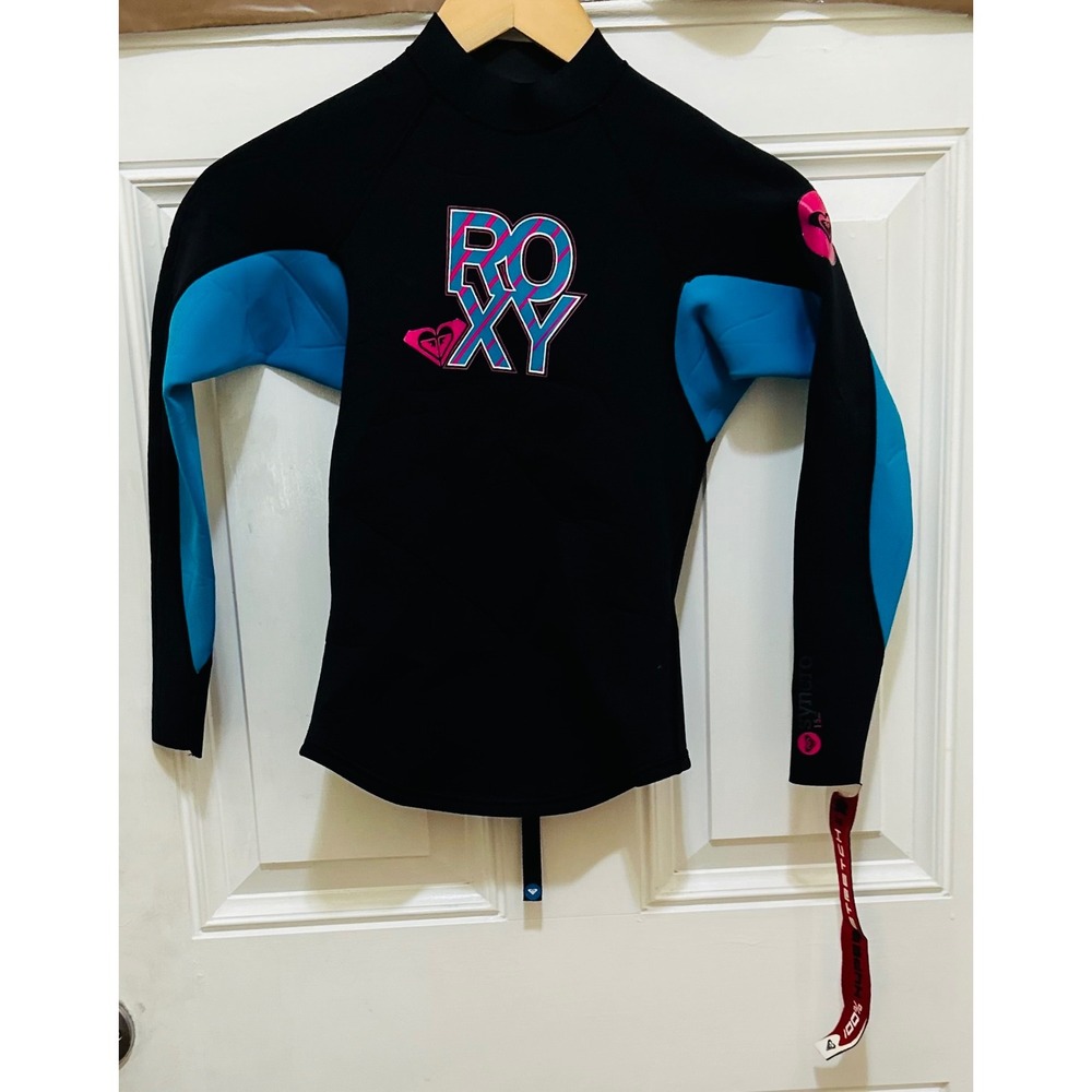 Roxy Syncro 1.5mm Kids Wetsuit Jacket Black Blue Pink Hyperstretch Size 4/32
